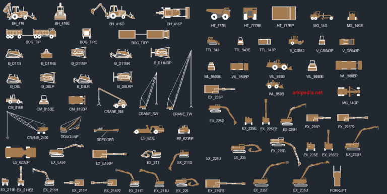 İnşaat Araçları Forklift, Ekskavatör Çizimleri Dwg